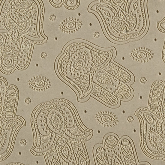 Texture Tile - Hamsas Embossed. Beige Texture Tiles are flexible, washable and can be used with any soft clay. Spritz with CoolSlip or dust on Dry Powder Release for stick-free impressions when using metal clay and polymer clay.