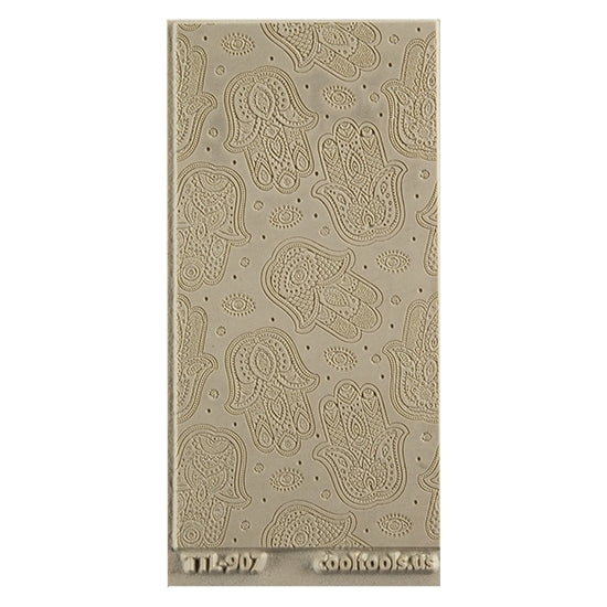 Texture Tile - Hamsas Embossed. Beige Texture Tiles are flexible, washable and can be used with any soft clay. Spritz with CoolSlip or dust on Dry Powder Release for stick-free impressions when using metal clay and polymer clay.