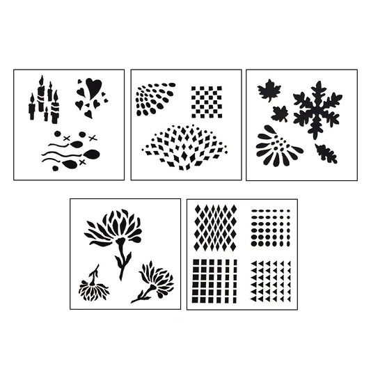 Design Stencils for Enameling - "Reflections" Set of 5 Enhance your enamel with our Design Stencils for Enameling by renowned artist Eugenia Chan.  Add flair and dimension to your enamel creations. Each set contains 5 unique stencils with designs as show. Made of see-thru, semi-rigid acrylic to see your work while in use. Each stencil is 3-1/2" x 3-1/2" making it easy to hold in one hand. Each has a removable film to prevent scratches.