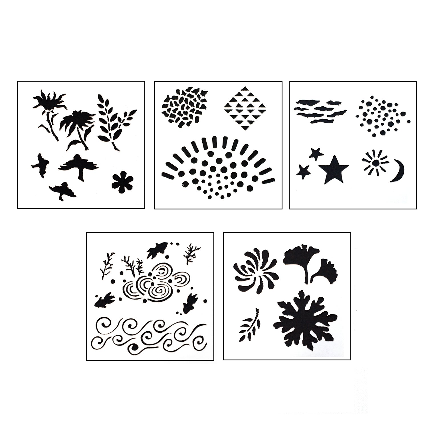 Design Stencils for Enameling - "Echoes" Set of 5 Enhance your enamel with our Design Stencils for Enameling by renowned artist Eugenia Chan.  Add flair and dimension to your enamel creations. Each set contains 5 unique stencils with designs as show. Made of see-thru, semi-rigid acrylic to see your work while in use. Each stencil is 3-1/2" x 3-1/2" making it easy to hold in one hand. Each has a removable film to prevent scratches.