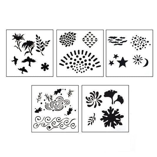 Design Stencils for Enameling - "Echoes" Set of 5 Enhance your enamel with our Design Stencils for Enameling by renowned artist Eugenia Chan.  Add flair and dimension to your enamel creations. Each set contains 5 unique stencils with designs as show. Made of see-thru, semi-rigid acrylic to see your work while in use. Each stencil is 3-1/2" x 3-1/2" making it easy to hold in one hand. Each has a removable film to prevent scratches.