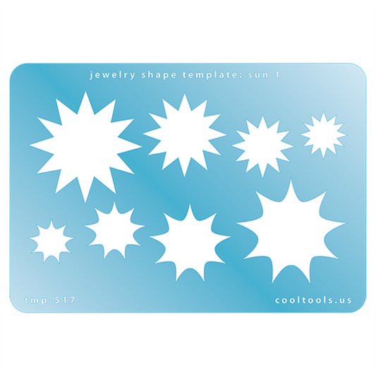 Blue plastic Jewelry Shape Template - Sun 1 Our special surface makes it easy to find these templates on your workbench, but allows clarity for positioning. Use smaller shapes for embossing or enamel stencils. Includes 8 shapes. Sizes are from 14mm to 37.5mm.